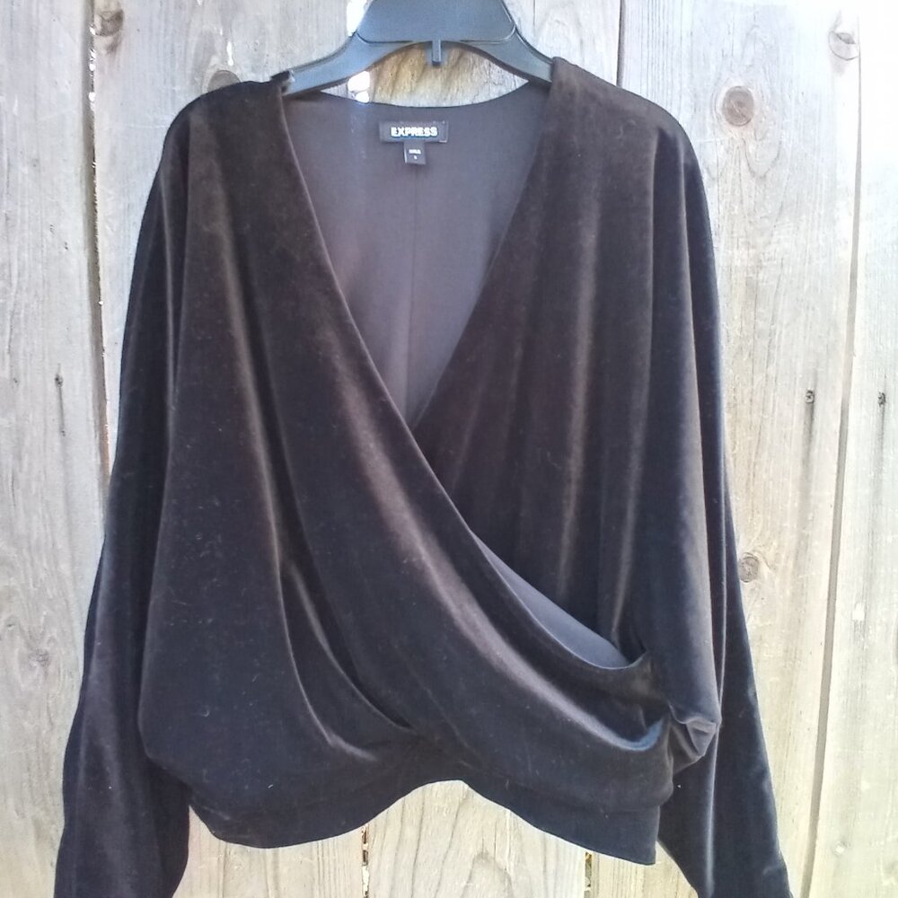 Express Velvet V Neck Faux Wrap Top Oversized Small Pullon Long sleeves Draped